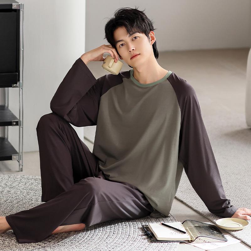 Men's Long Sleeve Loose Pajama Set - Round Neck, Long Pants, Plus Size for Spring & Autumn.