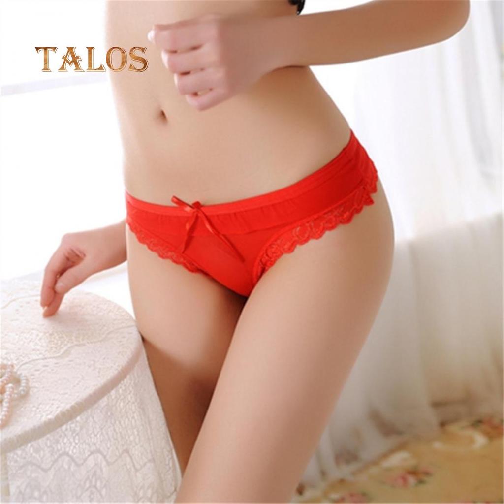 Sexy Solid Color Lace Heart Pattern Bowknot Women's Low Rise Brief Breathable Underwear Thong