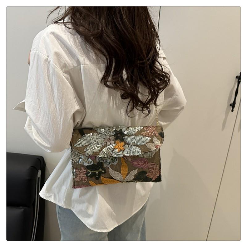 Straw Woven Bag Women's Detachable Chain Crossbody Shoulder Bag Chinese Style Handbag Sequin Floral Envelope Bag