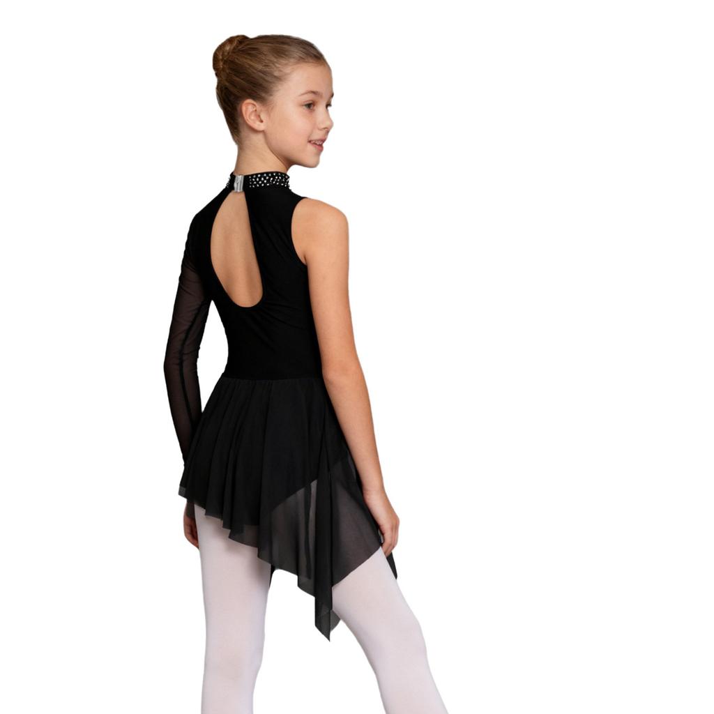 Dziewczęca sukienka do tańca lirycznego Kostium do łyżwiarstwa figurowego Błyszczące cyrkonie Marszczenie Siateczkowa nakładka Asymetryczna spódnica Body