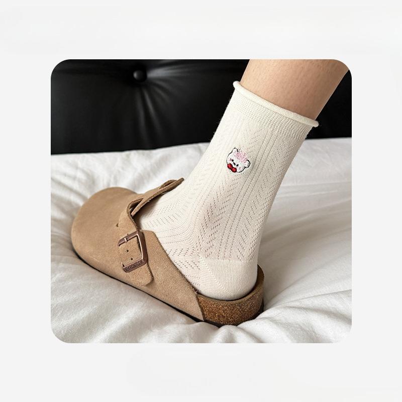 Female Spring and Summer Thin Style All Match Lovely Embroidery Solid Color Cartoon Roll Edge In Tube Cotton Socks
