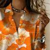 Camicia da donna a maniche lunghe con bottoni, motivo floreale tropicale con fiori di ibisco bianchi e arancioni, adatta per le vacanze e l'abbigliamento casual