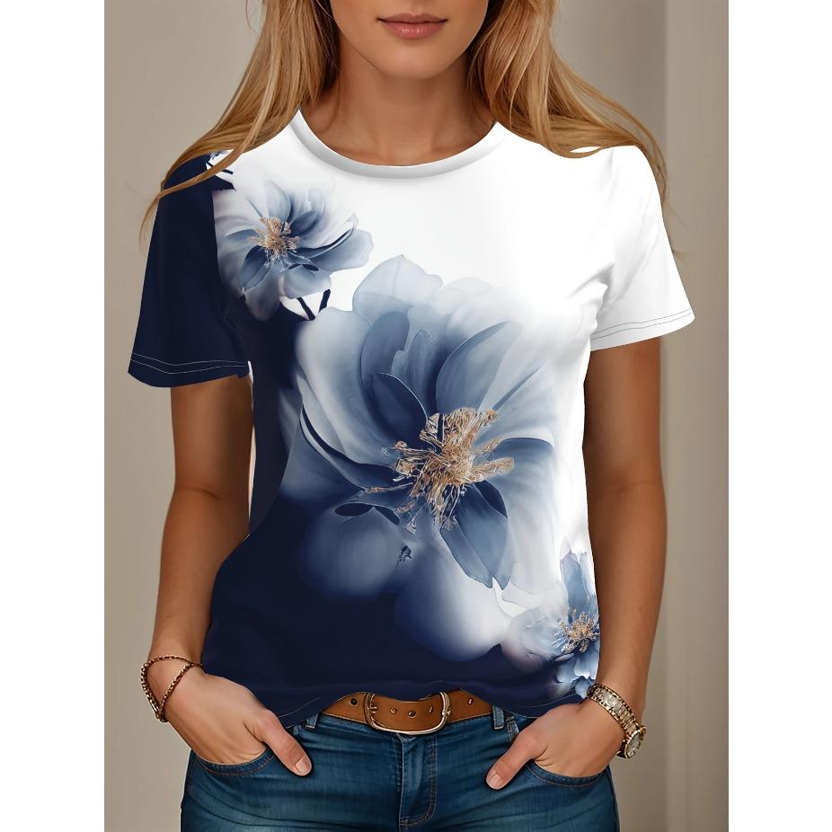 Women's Casual Elegant Round Neck T-Shirt - Floral Print Summer Top Maroon Color Block Design Breathable Medium Stretch Casual