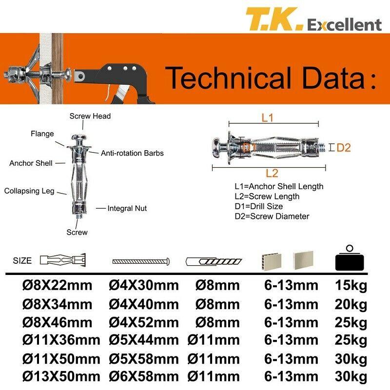 M4X38mm,M5X52mm,M6X65mm 40 pcs Set Metal Fixings Anchors Plugs Hollow Wall Cavity Wall Plasterboard Fixing Plugs Set M4X38mm,M5X52mm,M6X65mm 40 pcs Set Metal Fixings Anchors Plugs Hollow Wall Cavity Wall Plasterboard Fixing Plugs Set
