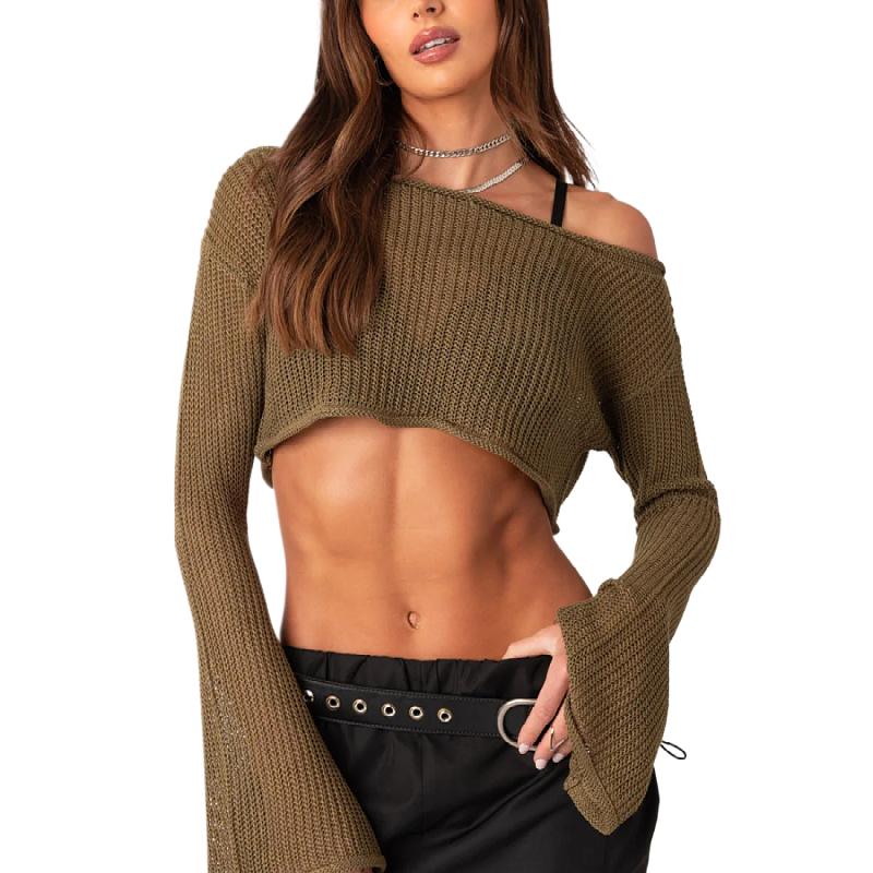 Женский вязаный укороченный топ крючком Y2k, укороченный свитер с длинными рукавами и открытыми плечами, ажурные вязаные топы S коричневый