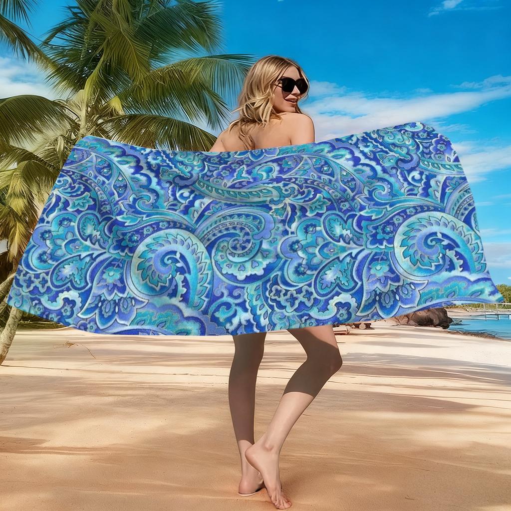 1PC Blue Mandala Patterns Print Beach Towel Quick-drying Towel Suitable for Seaside Pool Camping Vacation Yoga For Families