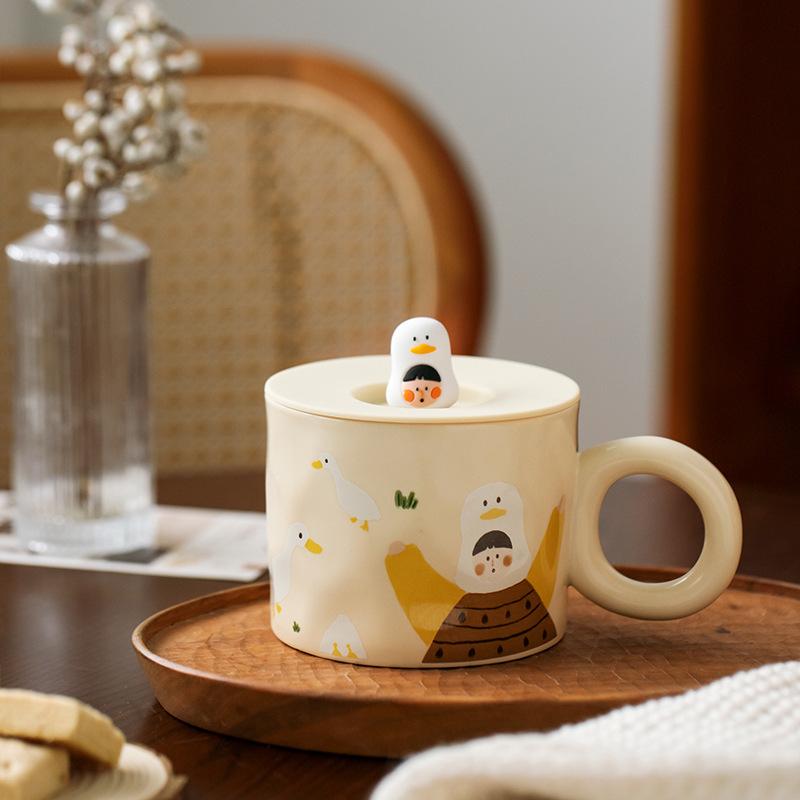 Mili Life Cute Cup with Lid Mug Ceramic Cup Female Couple Cup Coffee Cup Creative Water Cup Breakfast Cup