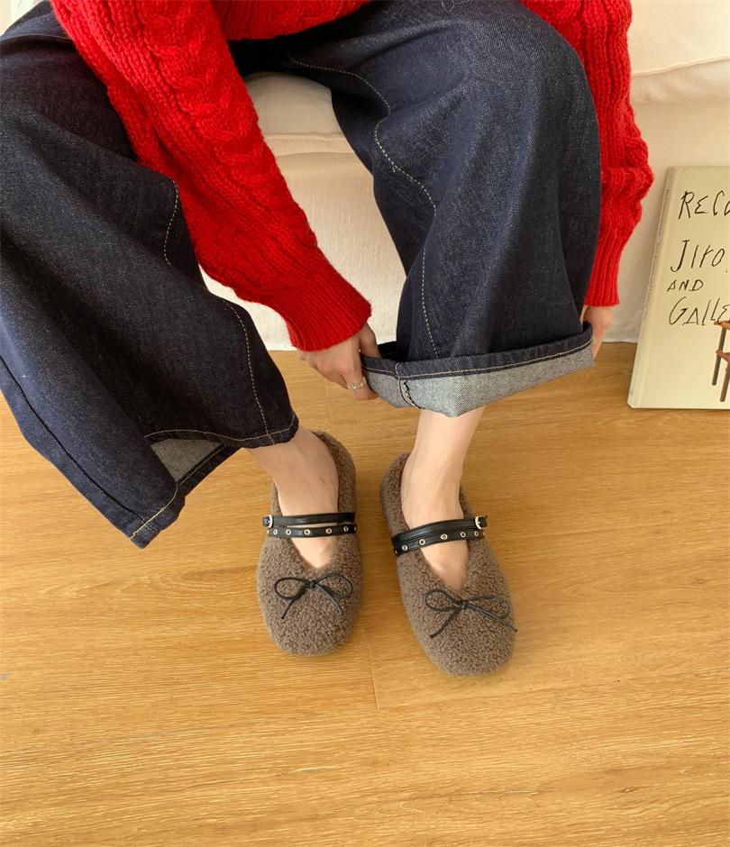 2025 Autumn and Winter Comfortable Versatile Round Head Soft Sole Cotton Shoes Bow Belt Buckle Flat Bottom Fluffy Shoes