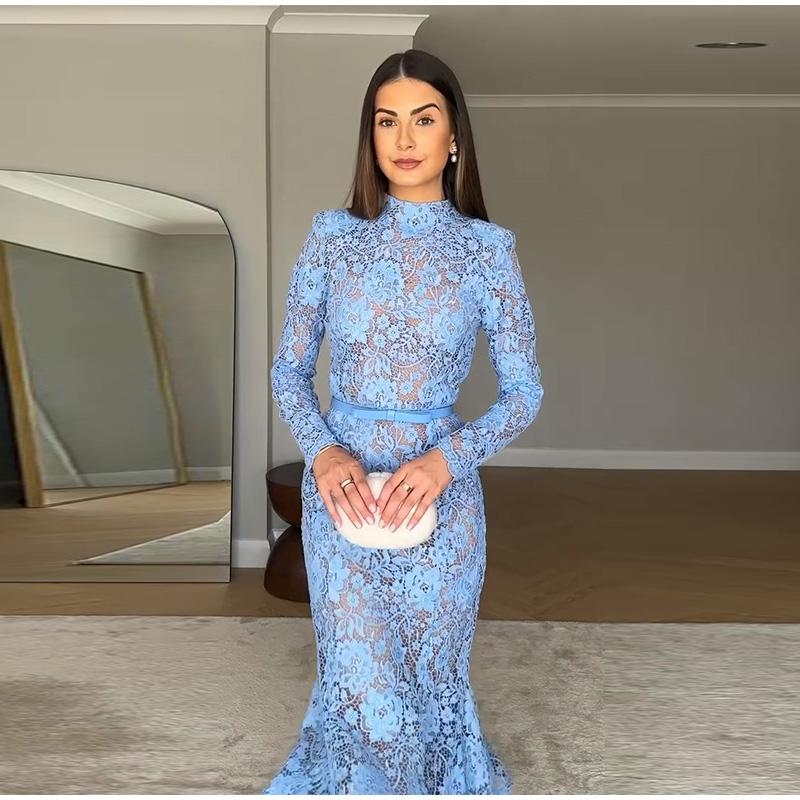 Ladies' Perspective Lace Hollow Belt Long Sleeve Fishtail Dress Solid Color Lace Decorative Elegance Ladies' Long Sleeve Dress Spring Autumn New Style