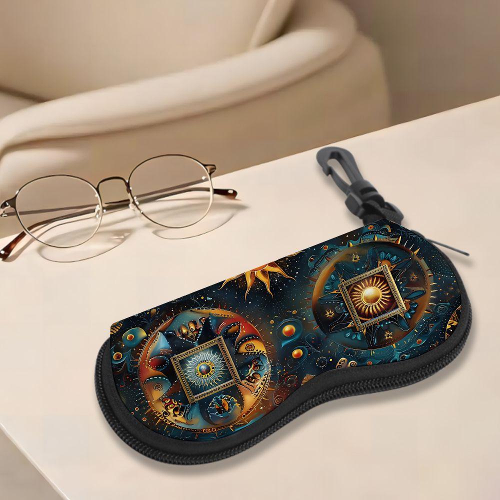 2D-Mystical Celestial Sun Moon Pattern Zipper Sunglasses Case, Protective Eyewear Container for Travel, Vintage Astrology Themed Portable Eyeglasses H