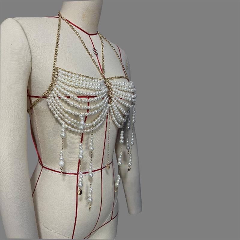 Stylish Pearls Beaded Tassels Halter Neck Bra Chain Crop Top Hollowed Out Body Jewelry Camisole Chest Chain for Festival