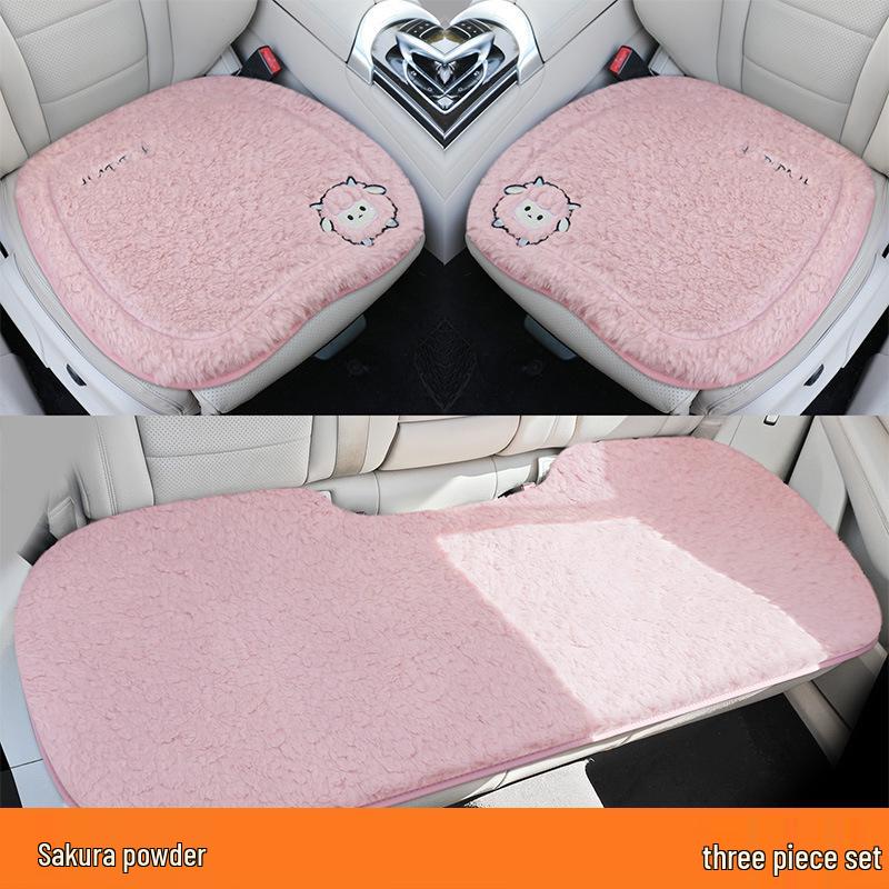 Universal Embroidered Lambswool Car Seat Cushion Set - Winter Warm 3-Piece Interior Decor.