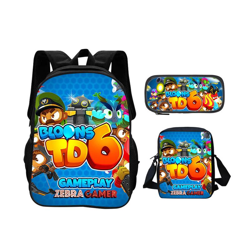 Bloons TD 6 sac à dos trousse d'école sac à bandoulière Ensemble 3 pièces impression de jeu maternelle école primaire garçon/fille grande capacité nouvelle tendance