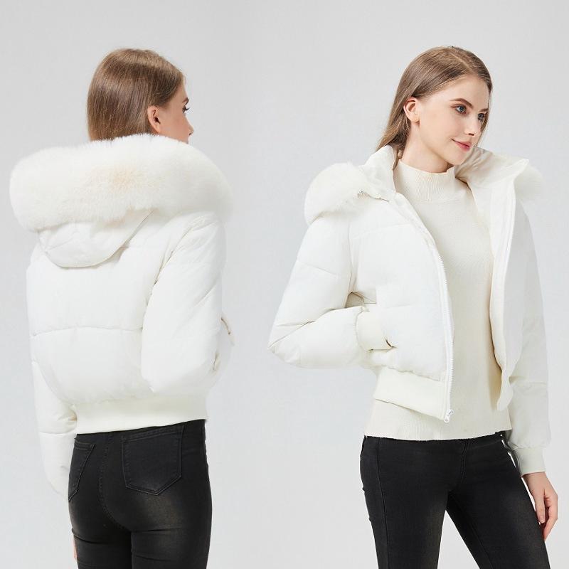 Winter Women's New Waist Warm Solid Color Short Fur Collar Hooded Padded Jacket