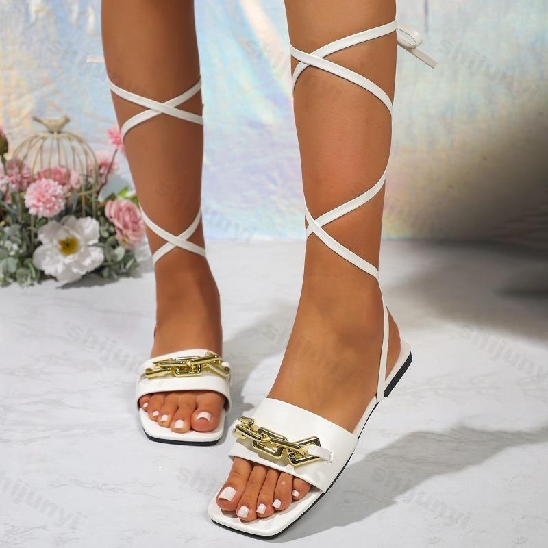 Fashion Summer Womens Sandals New Female Beach Shoes Roman Ladies Solid Color Ankle Straps Square Toe Party Footwear Cross-strap Sandles