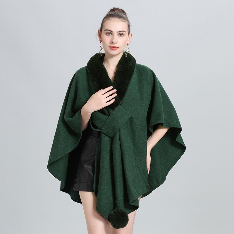 Autumn/Winter Knitted Scarf Shawl Cape with Fur Collar and Pom-Poms (Style 0962#)