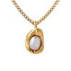 Gold-Plated Titanium Steel Cuban Chain Necklace with Freshwater Pearl Irregular Pendant.