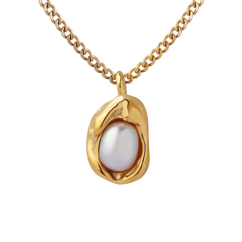 Gold-Plated Titanium Steel Cuban Chain Necklace with Freshwater Pearl Irregular Pendant.