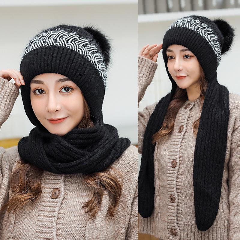 

Hat and scarf integrated women s autumn and winter knitted hat versatile foreign style plush warm scarf winter women s wool hat one size, elastic