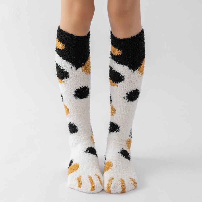 College Style Thicken Coral Fleece Cat Paw Calf Socks For Women Autumn Winter Warm Long Tube Socks Home Sleeping Floor Socks