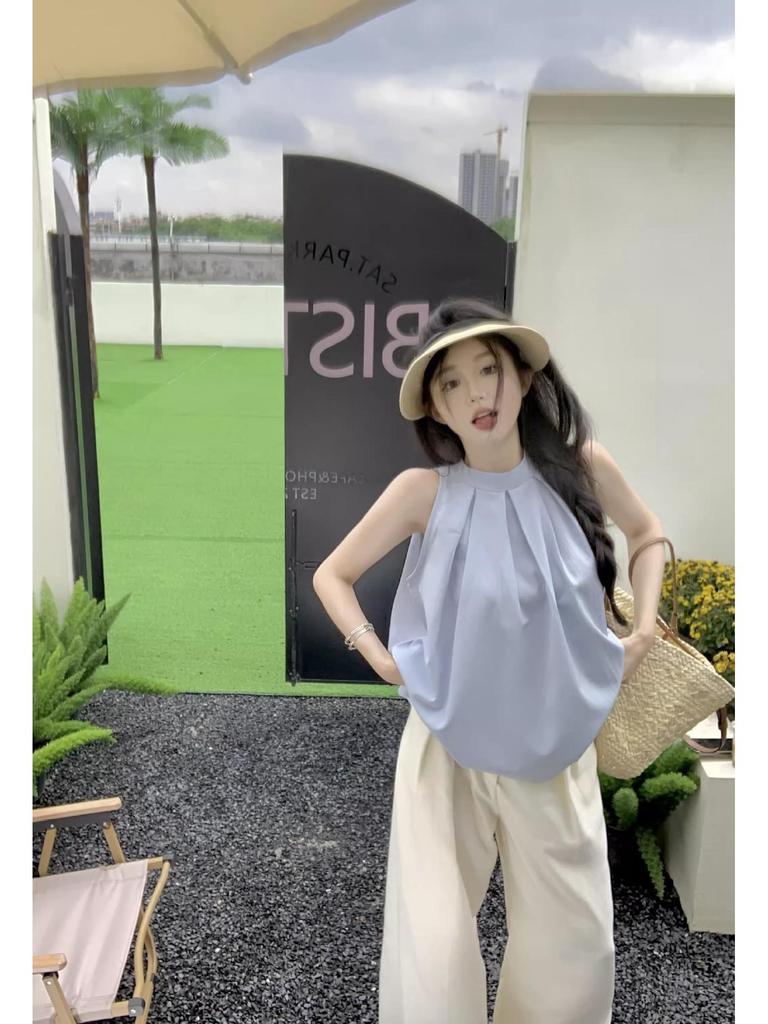Chic French Blue Pleated Sleeveless Halter Top for Women - Trendy Summer Design