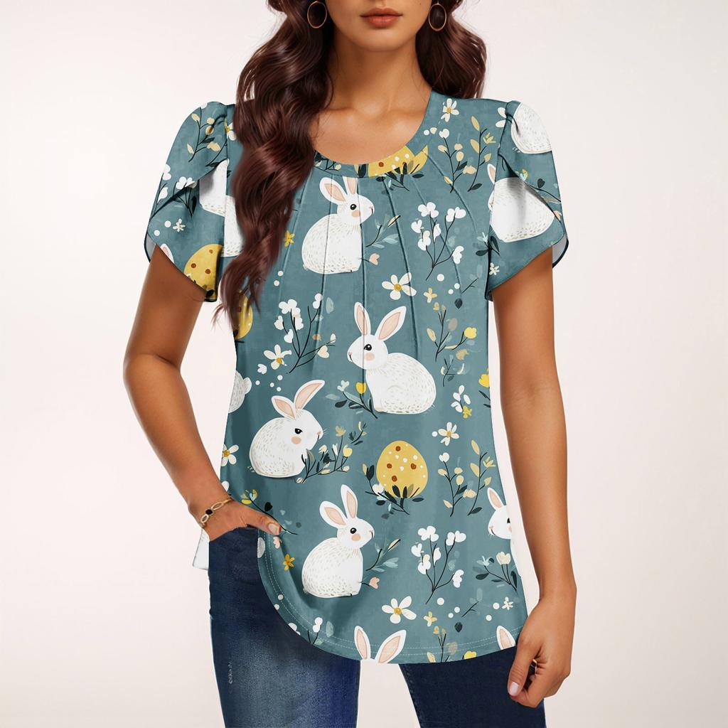 Women's Fashionable Round Neck Short Sleeve Printed Casual Basic Pleated Pullover T-shirt Top
