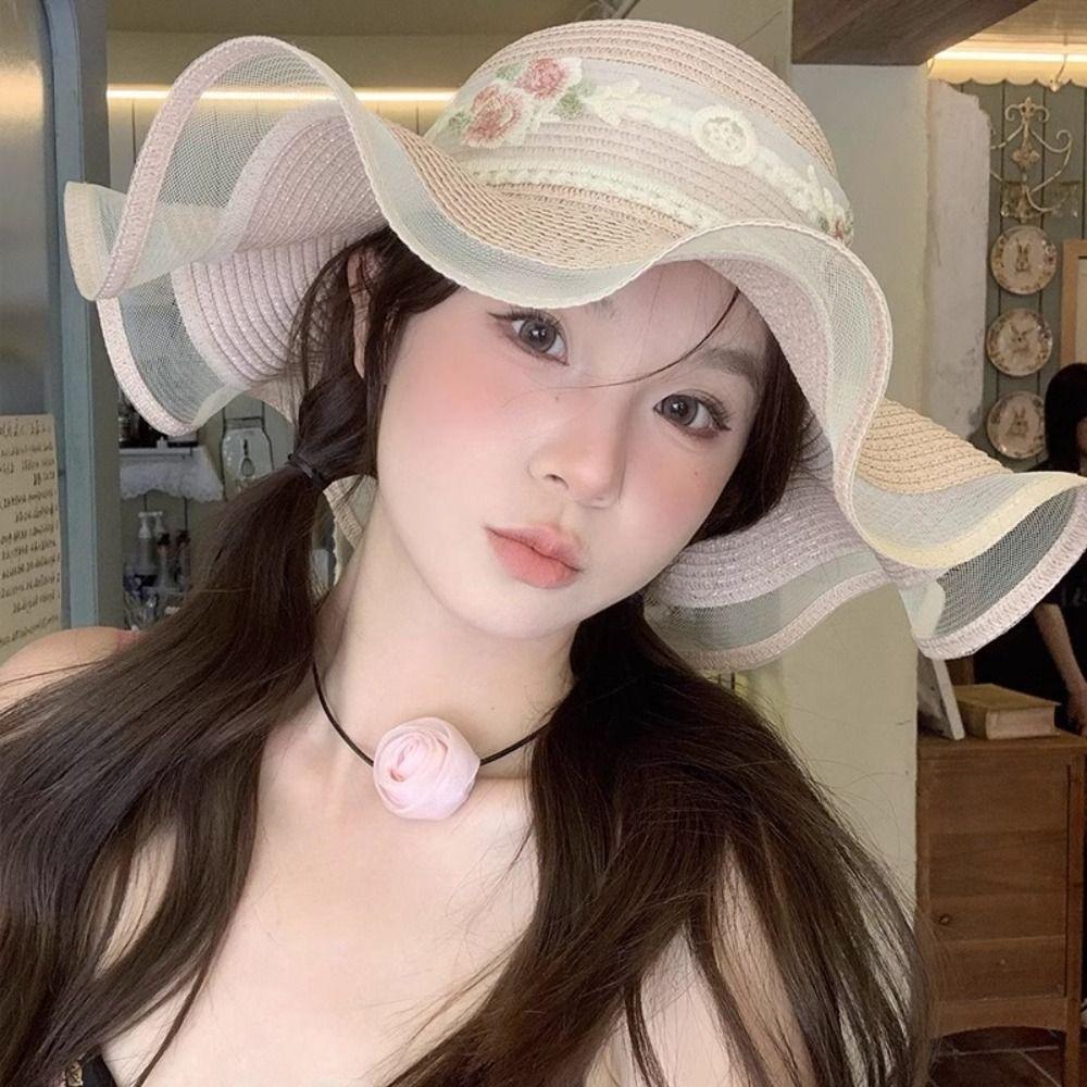 French Style Beach Straw Hat Big Brim Women's Sun Hat Elegant Lace Bow Straw Hat  Outdoor