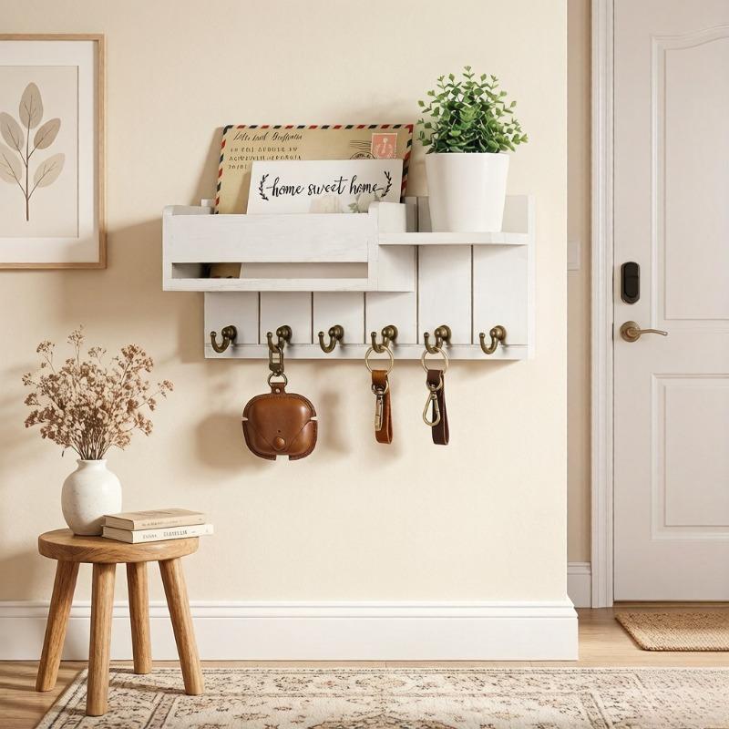 Rustic Wood Wall Mounted Key Holder with Shelf Decorative Key Rack Mail Organizer with 6 Key Hooks for Entryway Living Room белый 6300₽