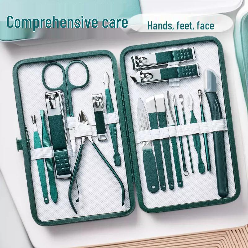 18-Piece Dark Green Manicure Set: Portable Nail Clippers & Scissors