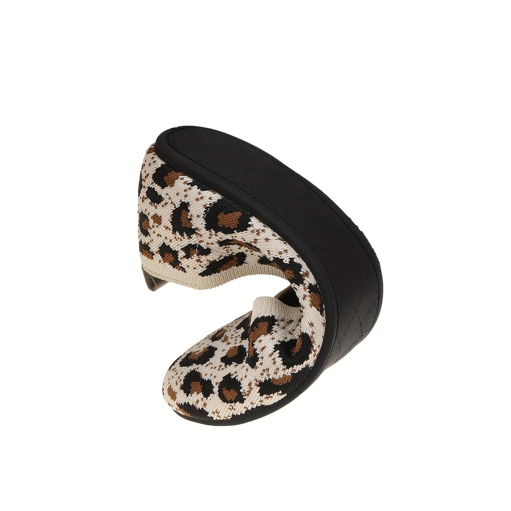 Women's Leopard Print Knit Ballet Flats - Comfortable Slip-On Shoes with Soft Fabric Interior and TPR Sole, Ideal for All Seasons