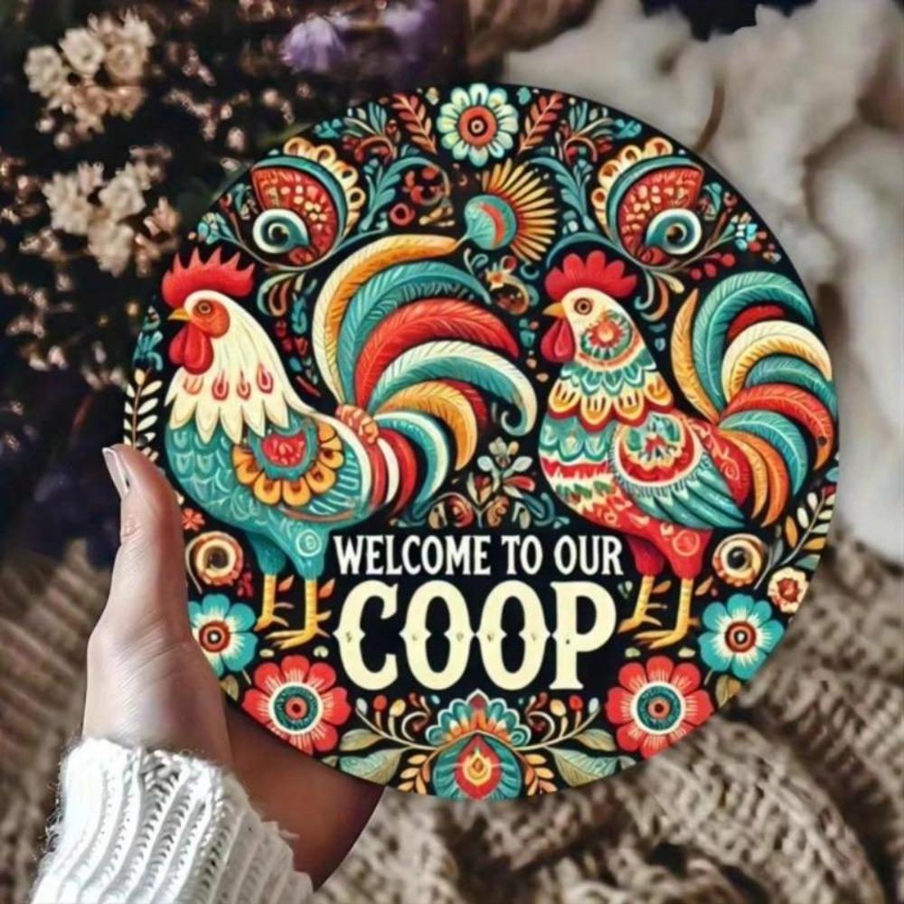 Vintage Style Round Metal Tin Sign 20x20cm Farmhouse Chicken Cage Wall Decor