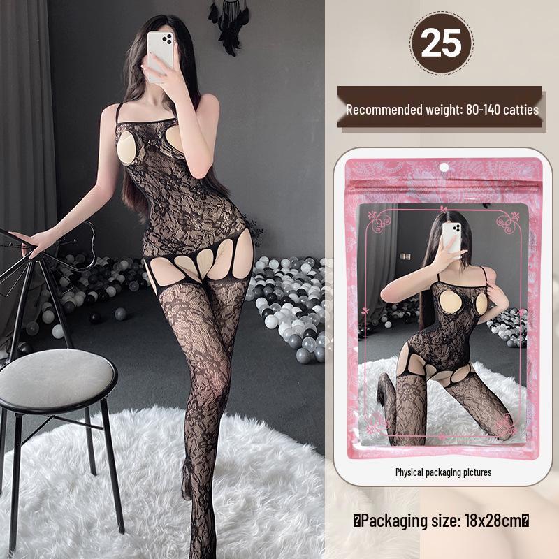 Linlinting Plus Size Sexy See-through Cutout Bodysuit with Open Crotch Stockings Set