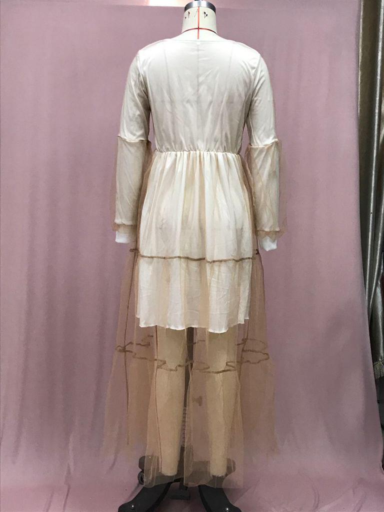 2025 Summer European & American Women's V-Neck Mesh Puff Sleeve See-through Maxi Dress