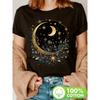 Women Celestial Floral Print T-Shirt - Short Sleeve Crew Neck Casual Top with Crescent Moon & Star Design, Semi-Sheer Regular Fit for Summer & Spring