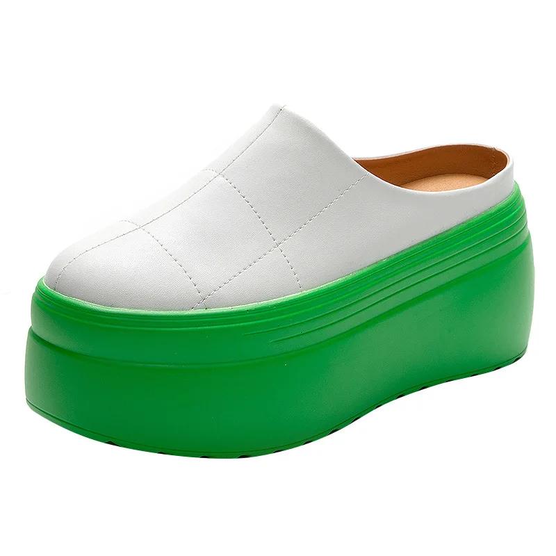 Fashion 2024 new Half slippers women's spring  slippers women's shoes solid color thick sole height 8cm green sole personality half drag