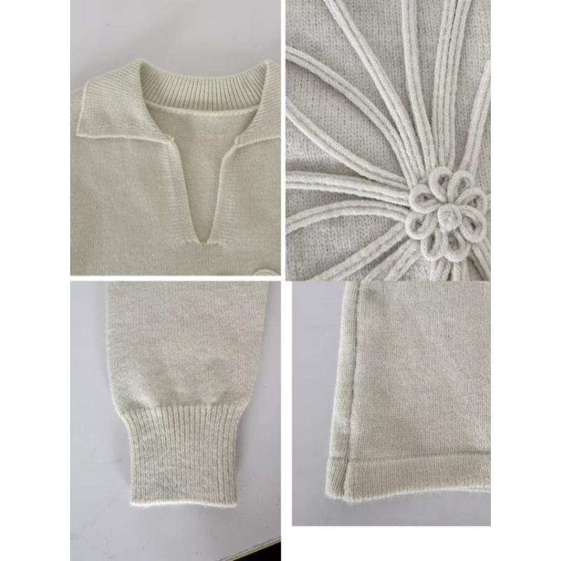 Women Autumn Winter Polo Collar Knit Mini Dress, 3D Floral Embroidery Long Sleeve Slim Waist Bodycon Short Sweater Dress