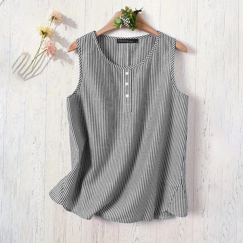 ZANZEA Women Casual Round Neck Loose Sleeveless Stripe Tank Tops S