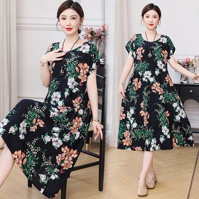 New Cotton and Silk Dress Summer Large Size Loose Fat Mother Covering Belly and Looking Thin Casual Floral Long Skirt