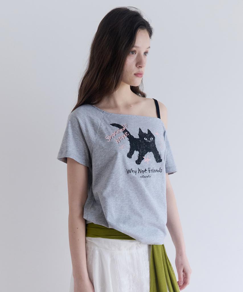 ROLAROLA Rola Cat Friends Off Shoulder T-Shirt Gray