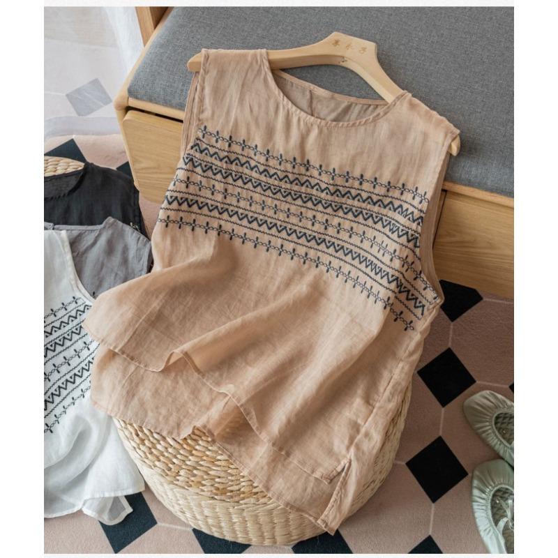 Summer Round Neck Undershirt Bohemian Geometric Embroidery Blouse Solid Color Vintage Ethnic Embroidery Tank