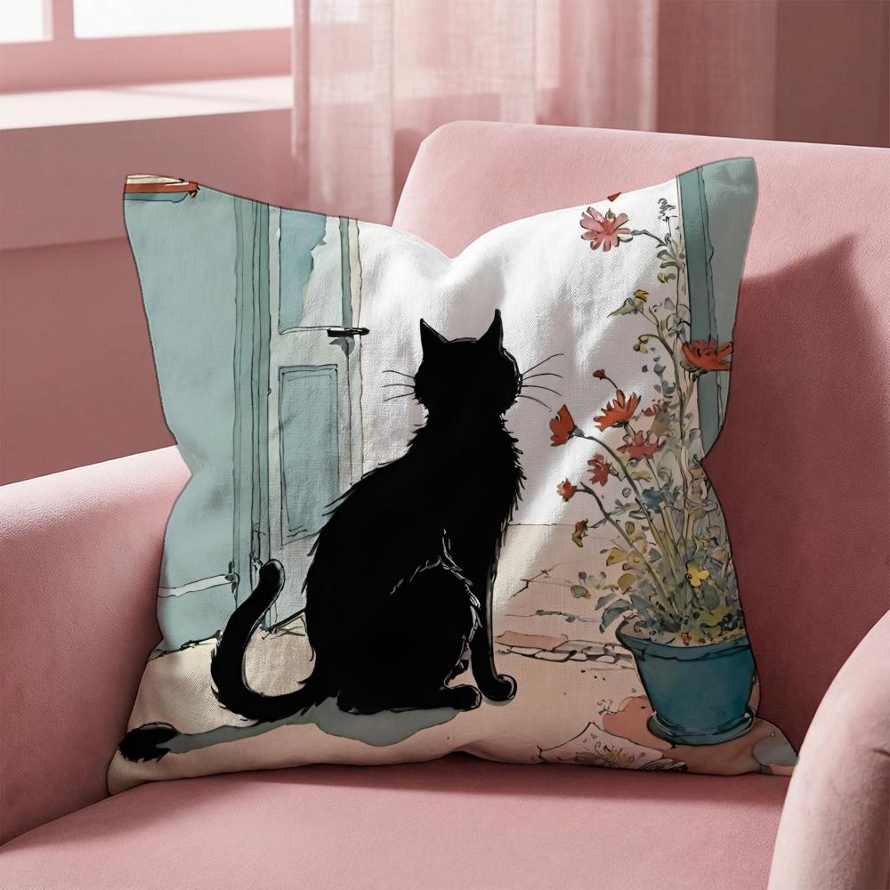 Cartoon Little Black Cat Cushion Cover Multi-Scene Pillow Cover for Home & Car - Reversible, Soft & Durable for Daily Use