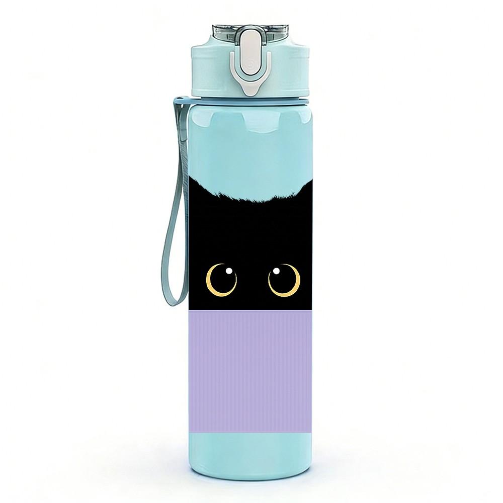 1PC Black Cat Peeking Over Edge Print 750ml Color Plastic Sports Water Bottle Leakproof Flip Straw Lid Suitable for Sports Office Home Use