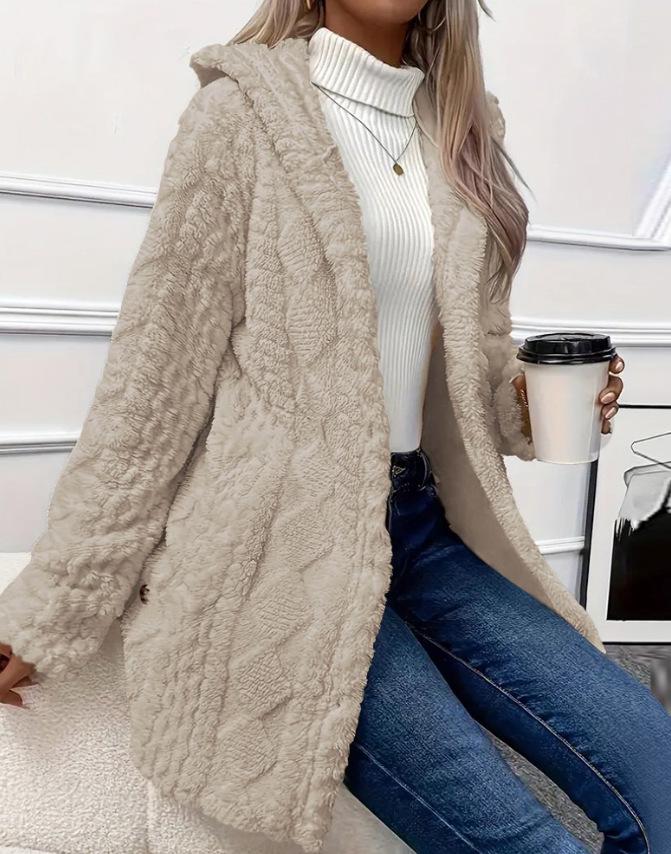 2024 Autumn/Winter Women's Mid-Length Plush Hooded Coat - European & American Style