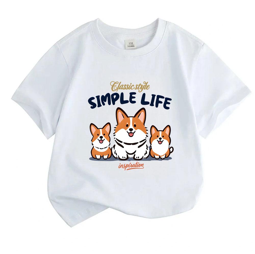 Kids Boys Girls 100% Cotton Crew Neck Short Sleeve T-Shirt, Cute Three Smiling Corgi Dogs Simple Life Print Casual Breathable Tee for Daily Summer Wea