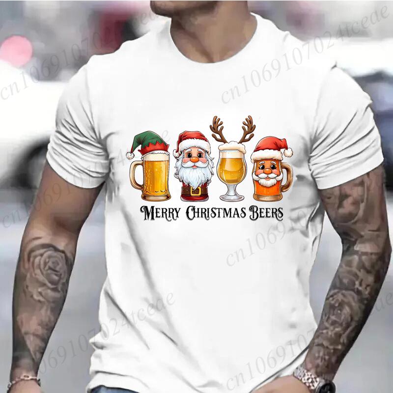 Cotton Funny Christmas Drinking T-Shirt  Merry Christmas Santa Beer Print T-Shirt Men Fashion Casual Short Sleeves Breathable Tshirt Tees Tops
