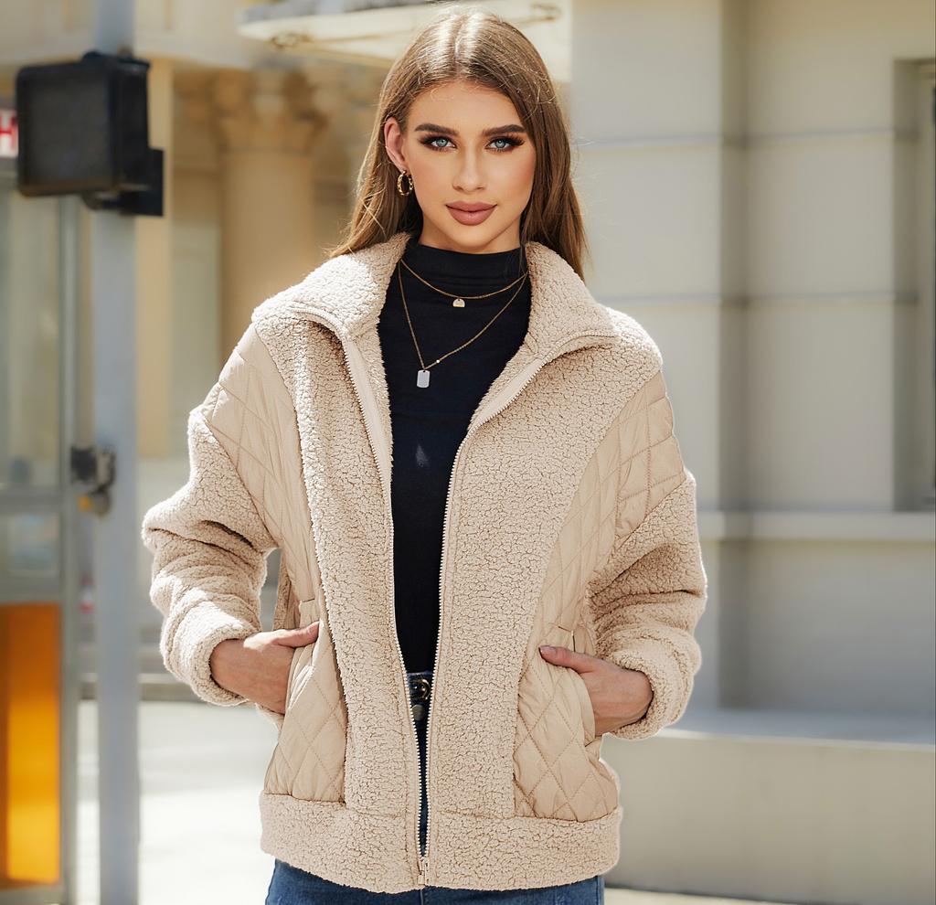 Women's Clothing, Autumn and Winter New Styles, Fashionable Long Sleeved Cardigan, Zipper, Plush, Spliced Women's Jacket, Winter Warm Jacket