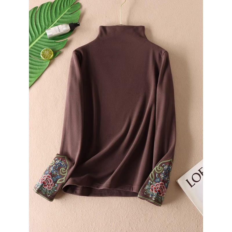 Women's Ethnic Embroidered Fleece T-shirt - Autumn/Winter Long Sleeve Half-High Collar