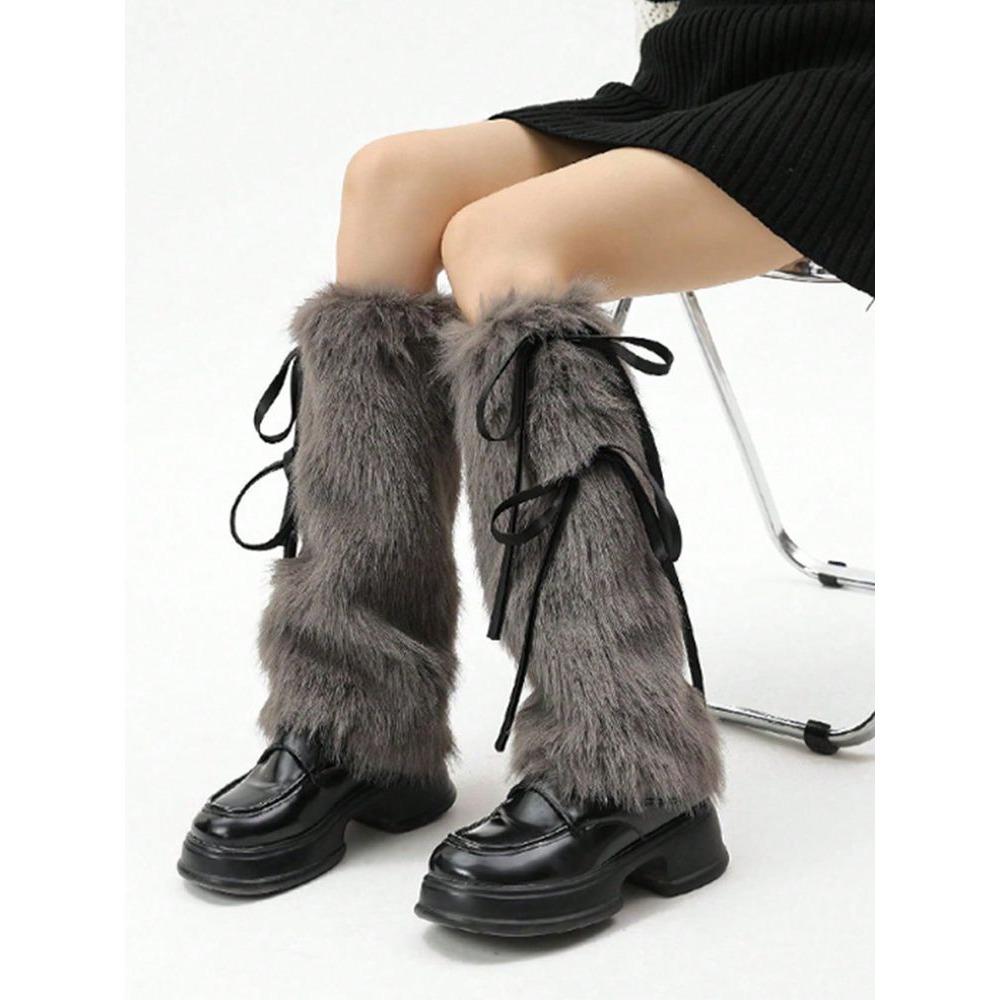 Women's Leg Warmers Autumn and Winter Warm Fur Plush Calf Socks with Bowknot Faux Fur Socks Mid-Tube Stacked Socks Boots