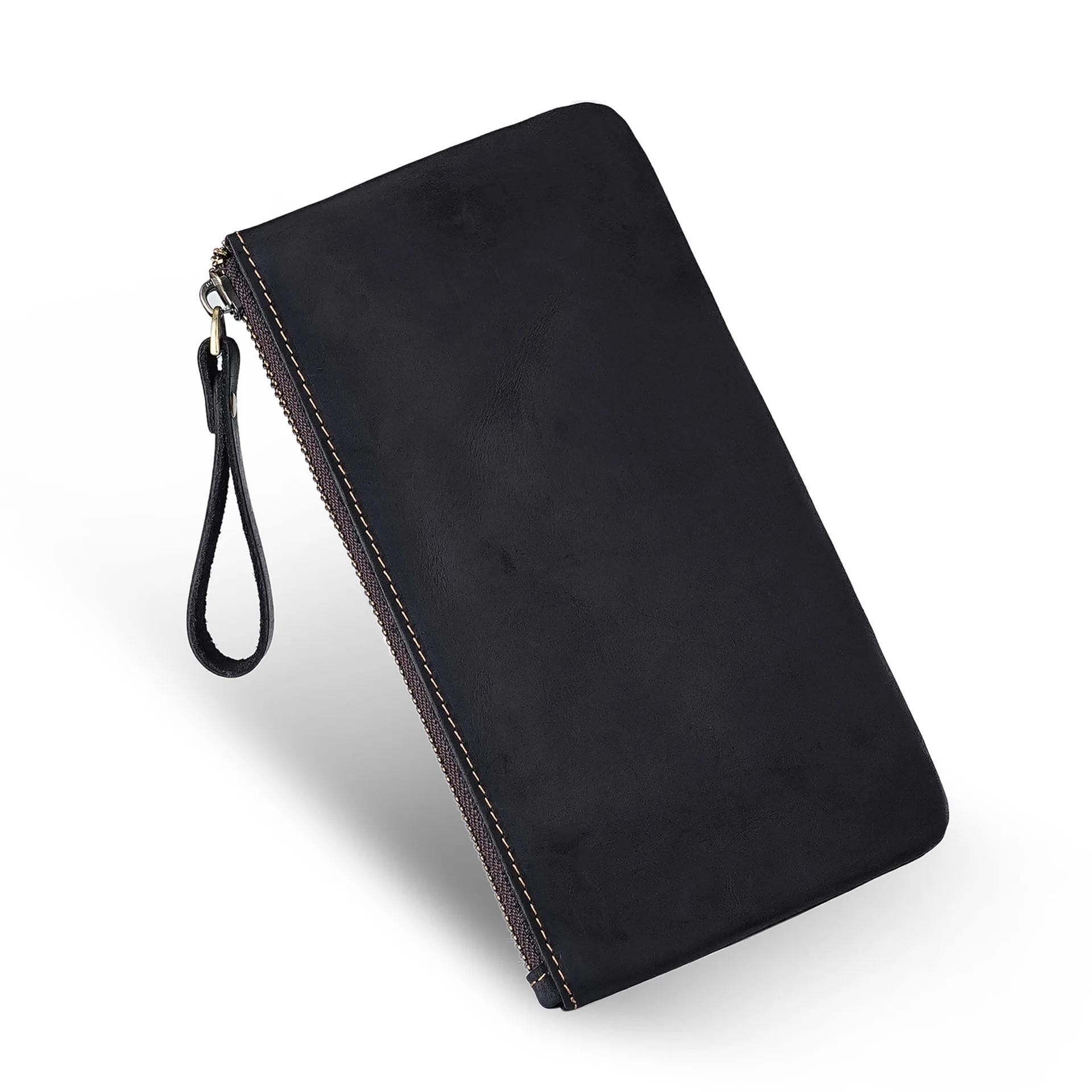 

Retro Crazy Horse Leather Zipper Pen Bag Portable Large Capacity Pen Case Pencil Bag Teacher Bag Vintage Long Wallet for Men чёрный