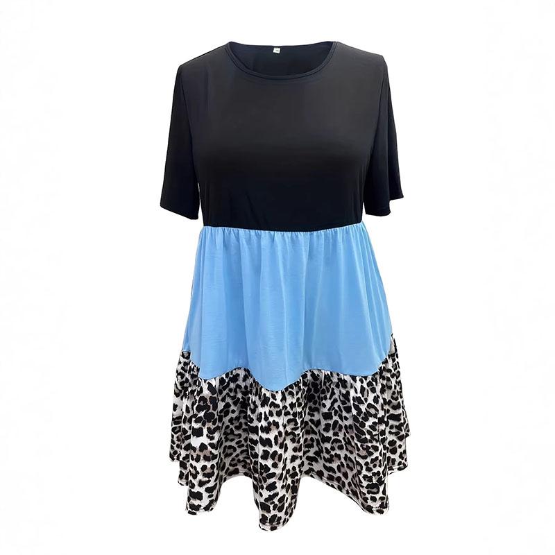 Fashionable Women's Leopard Print Tri-Color Patchwork Crew Neck Short Sleeve Dress